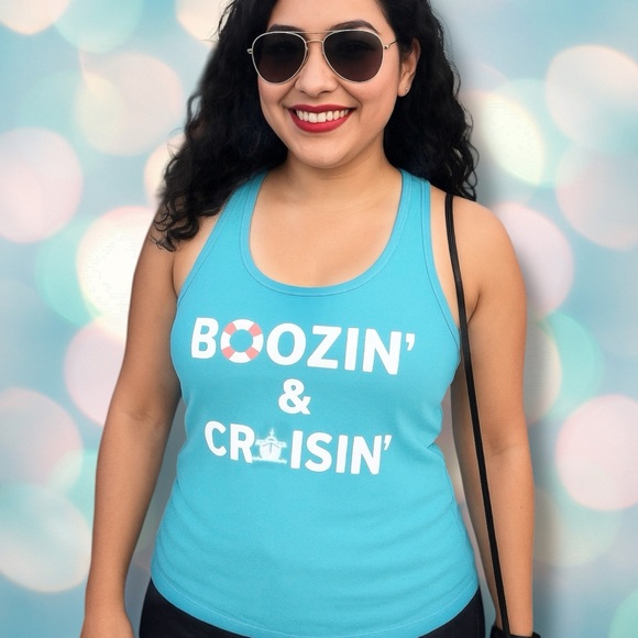 Ideal T Tops - Funny Boozin' & Cruisin' Women's Blue Racerback Cruise Tank Top Shirt Size L